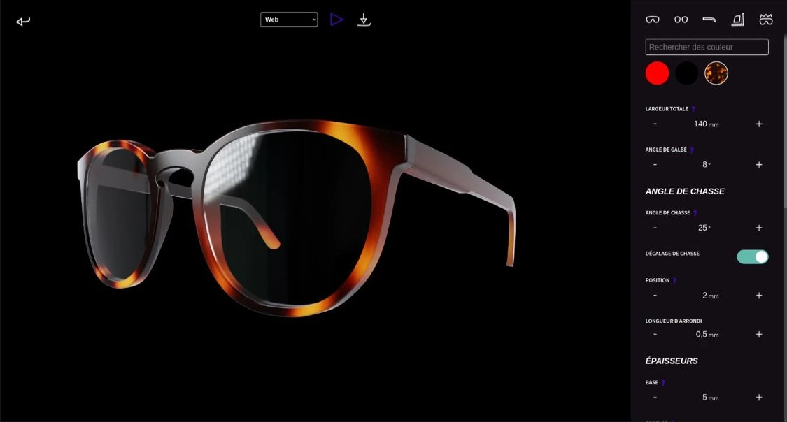 Three.js parametric viewer showing real-time eyewear customization controls for lens curves and frame thickness