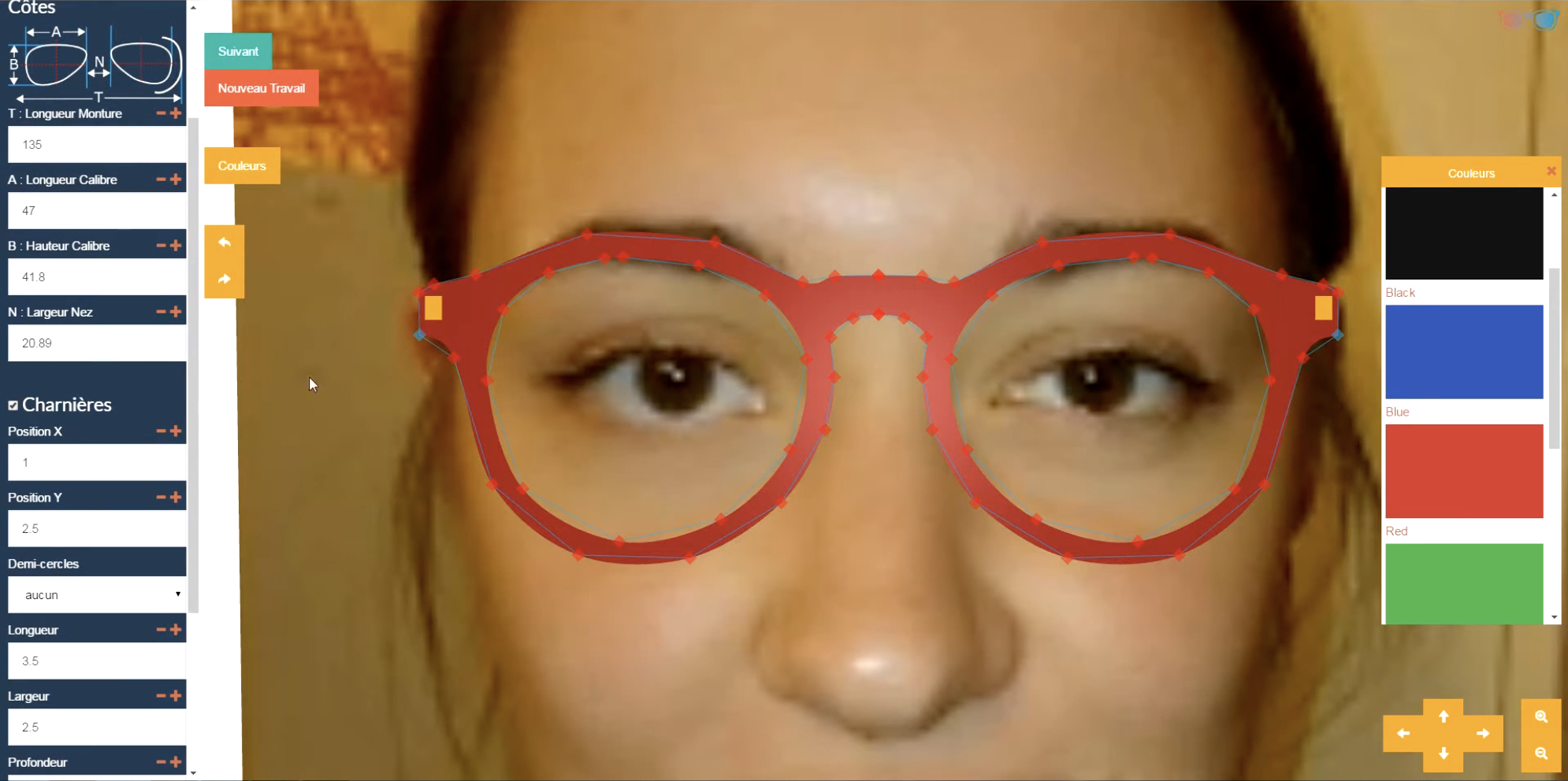 Optimaker web interface showing real-time 3D frame preview with parametric controls for bridge, lens, and temple adjustments