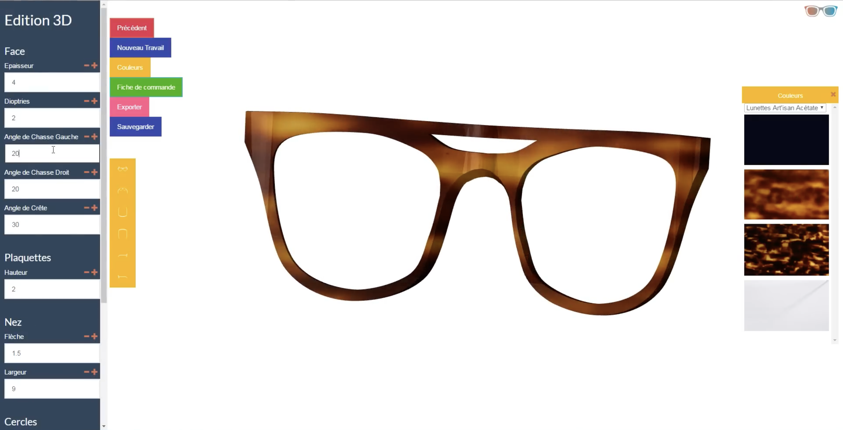 Optimaker SketchUp extension showing parametric eyewear frame editor with measurement controls